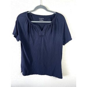 Talbots Navy Cotton V Neck Top Size Small 
Eyelet‎ Detail Classic